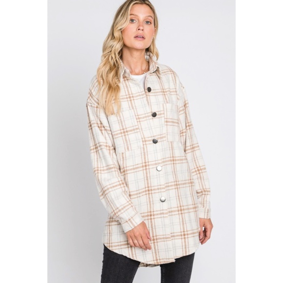 SOLD OUT Beige Plaid Flannel Oversized Shacket Shirt Jacket - Picture 8 of 9